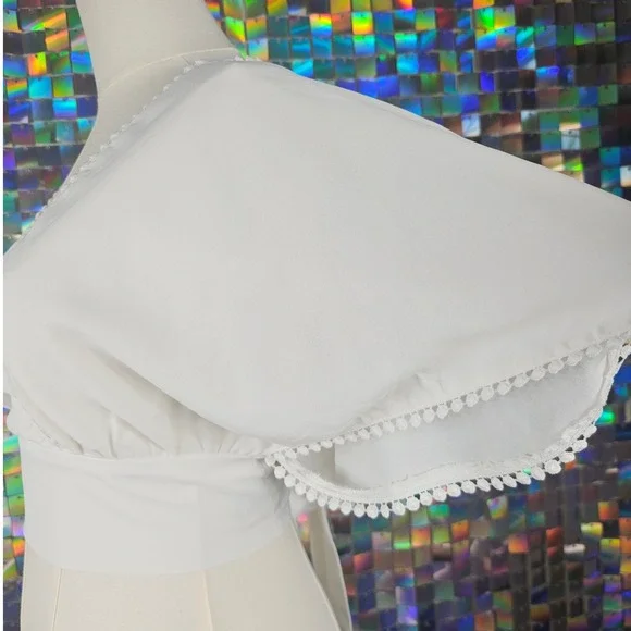 White Wrap Top Cropped Blouse Pom Trim Short Sleeve V Neck Elegant - Picture 4 of 7